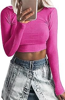 Artfish Women's Round Neck Long Sleeve Knit Ribbed Fitted Basic Crop Top Shirts | Amazon (US)