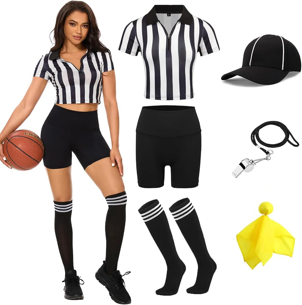 redgino 6 Pcs Women Referee Costume Set Crop Top Sexy Zipper Ref Shirt Shorts Hat Socks Whistle f... | Amazon (US)