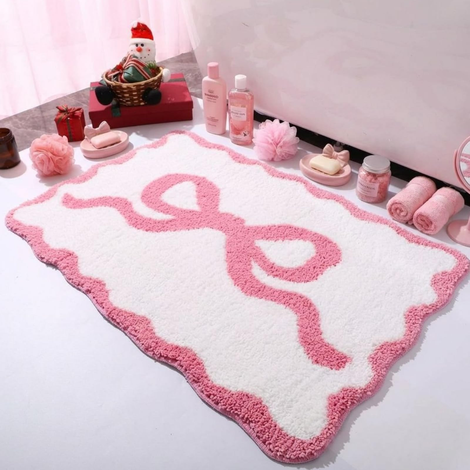 Tinideya Pink Bow Bathroom Rug 36" x 24" Scalloped Bow Bath Mat Non Slip Coquette Rug Cute Aesthe... | Amazon (US)