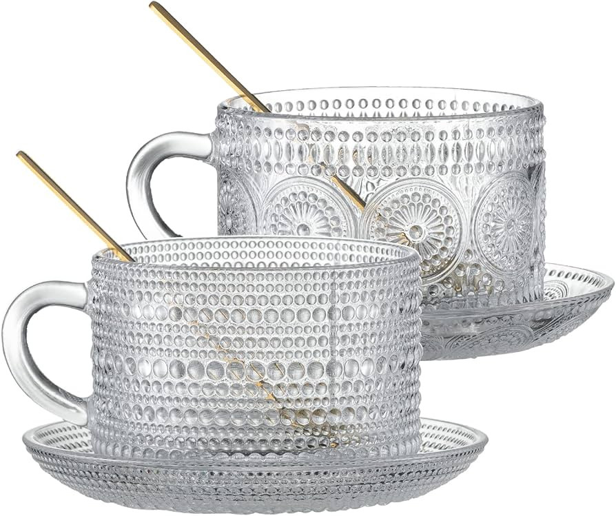 Gezzeny Vintage Coffee Mugs with Saucers 14 Oz Set of 2 Embossed Glass Cups, Tea Cups, Glass Coff... | Amazon (US)