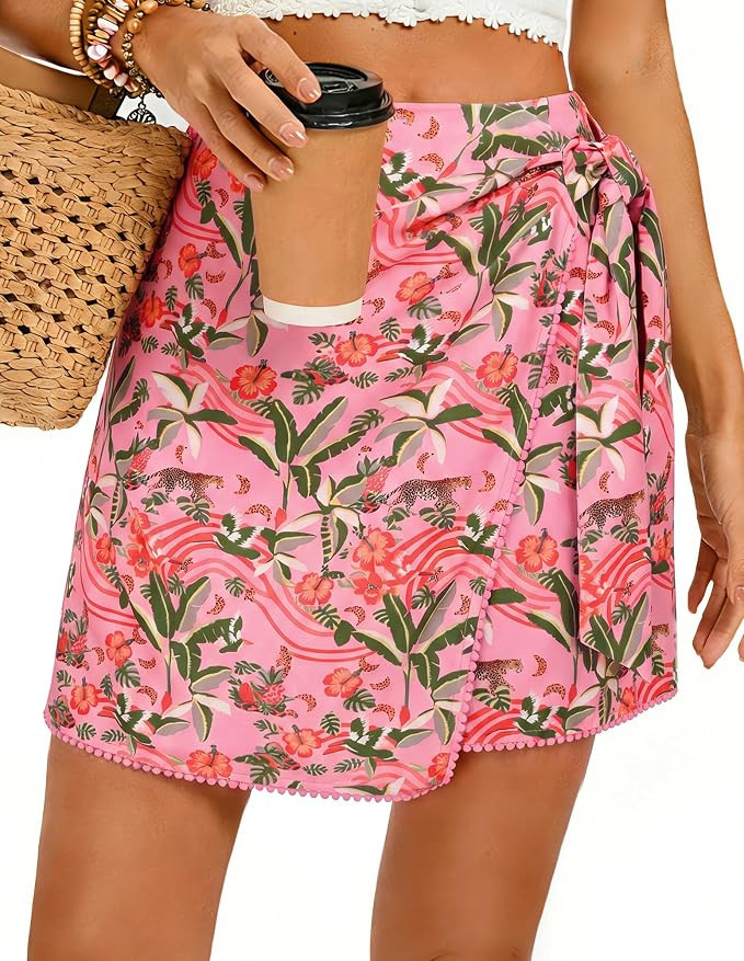 Kate Kasin Women's Boho Mini Skirts Floral Wrap Tie Skirt Elastic High Waisted Summer Casual Beac... | Amazon (US)