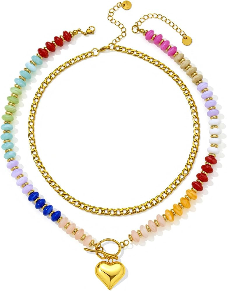 Colorful Beaded Layered Necklaces for Women Multicolor Acrylic Beaded Choker With Guba Chian Stac... | Amazon (US)