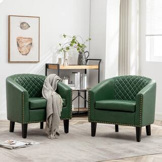 Green Tufted Faux Leather Small Club Bar Barrel Chair Set of 2 with Nailhead Trim | The Home Depot