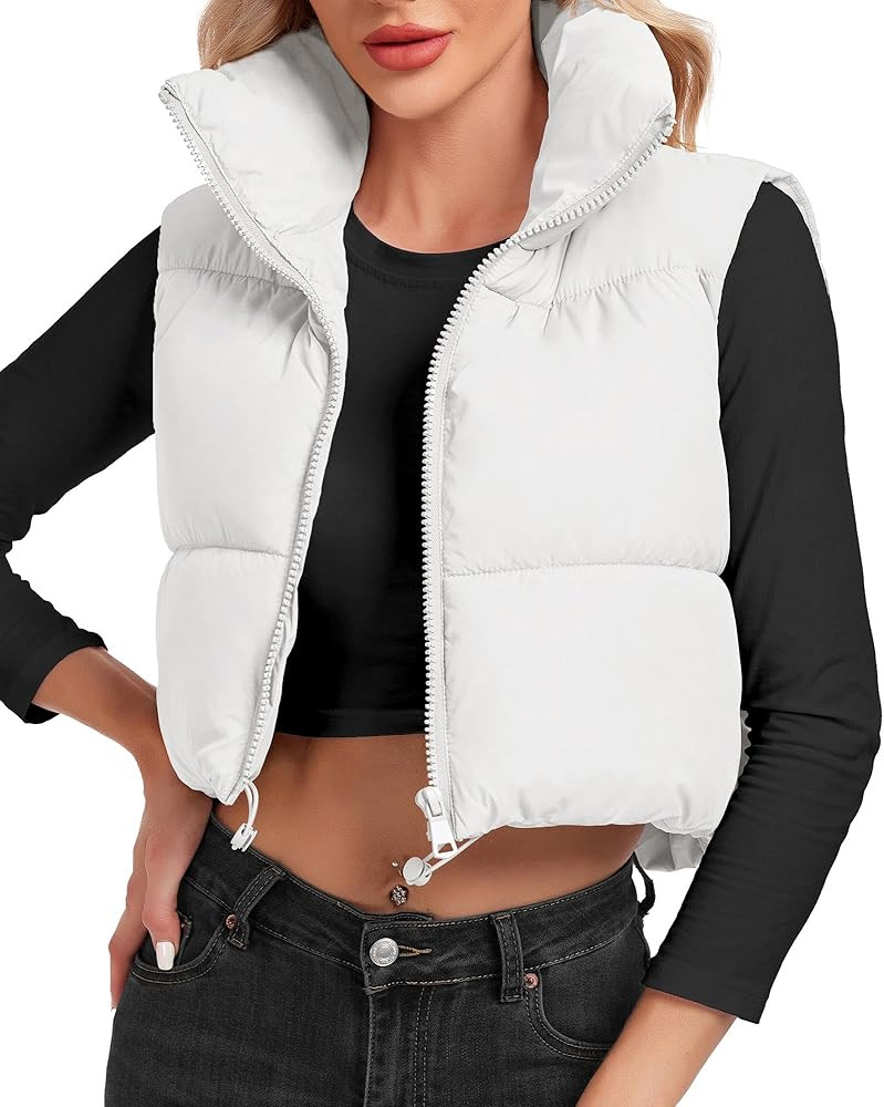Women's Cropped Puffer Vest Sleeveless High Stand Collar Crop Outerwear Zip Up Warm Padded Gilet | Amazon (US)