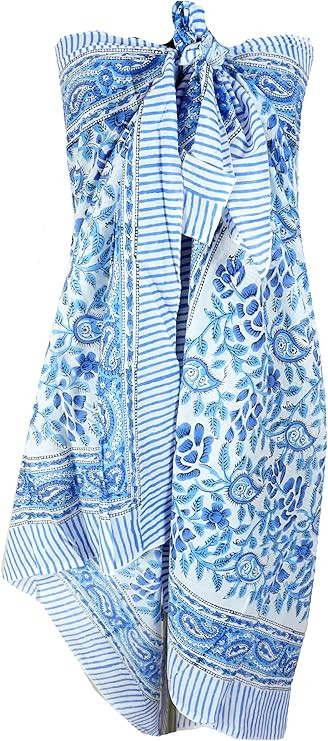 100% Cotton Block Print Sarong - Women's Swimsuit Wrap Cover-Up, Long Beachwear & Resort Apparel | Amazon (US)