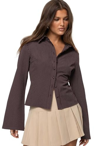Princess Polly Anni Brown Pinstripe Classic Collar Flared Sleeve Shirt | Amazon (US)