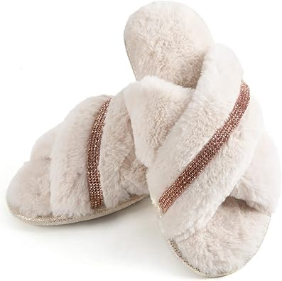 ZIZOR Women's Fuzzy Crossed Memory Foam Open Toe Slippers, Ladies Fluffy Rhinestone Embellished S... | Amazon (US)