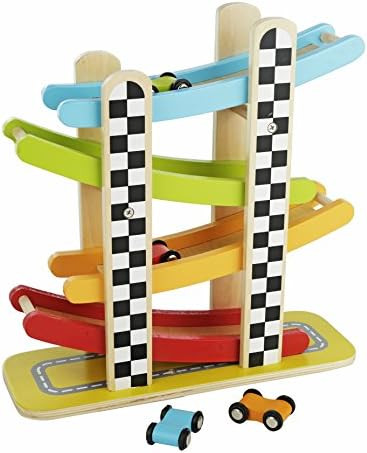Colorful Wood Race Track Ramp with 4 Wooden Race Cars - Solid Wood Educational Baby Toy for Toddl... | Amazon (US)