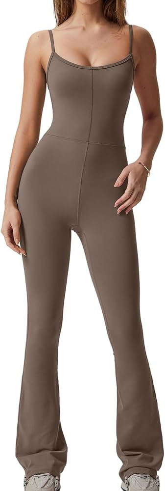 QINSEN Flare Jumpsuits for Women Spaghetti Straps Scoop Neck Bodycon Full Length Casual Unitard P... | Amazon (US)