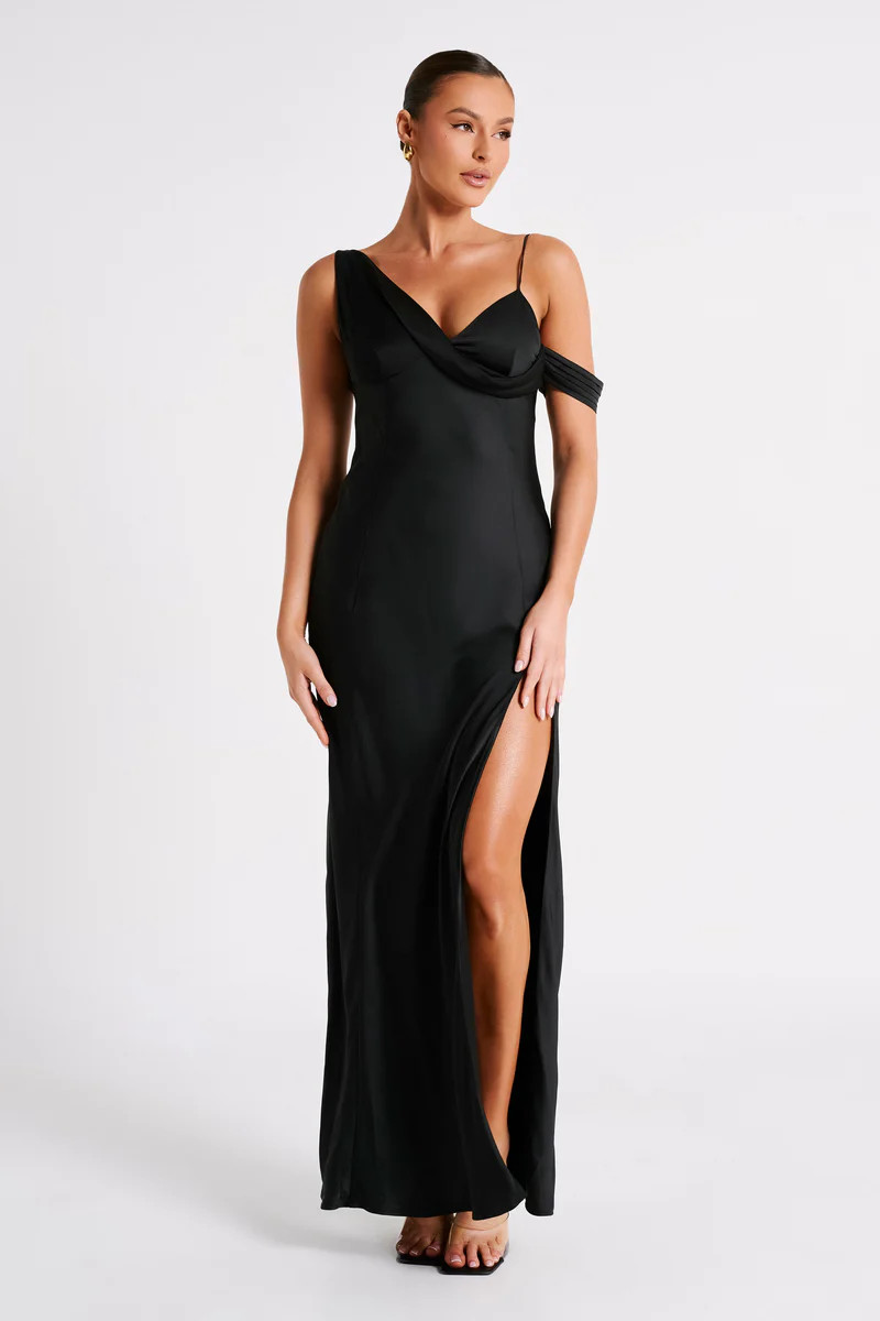 Soleil Satin Off Shoulder Maxi Dress - Black | MESHKI US