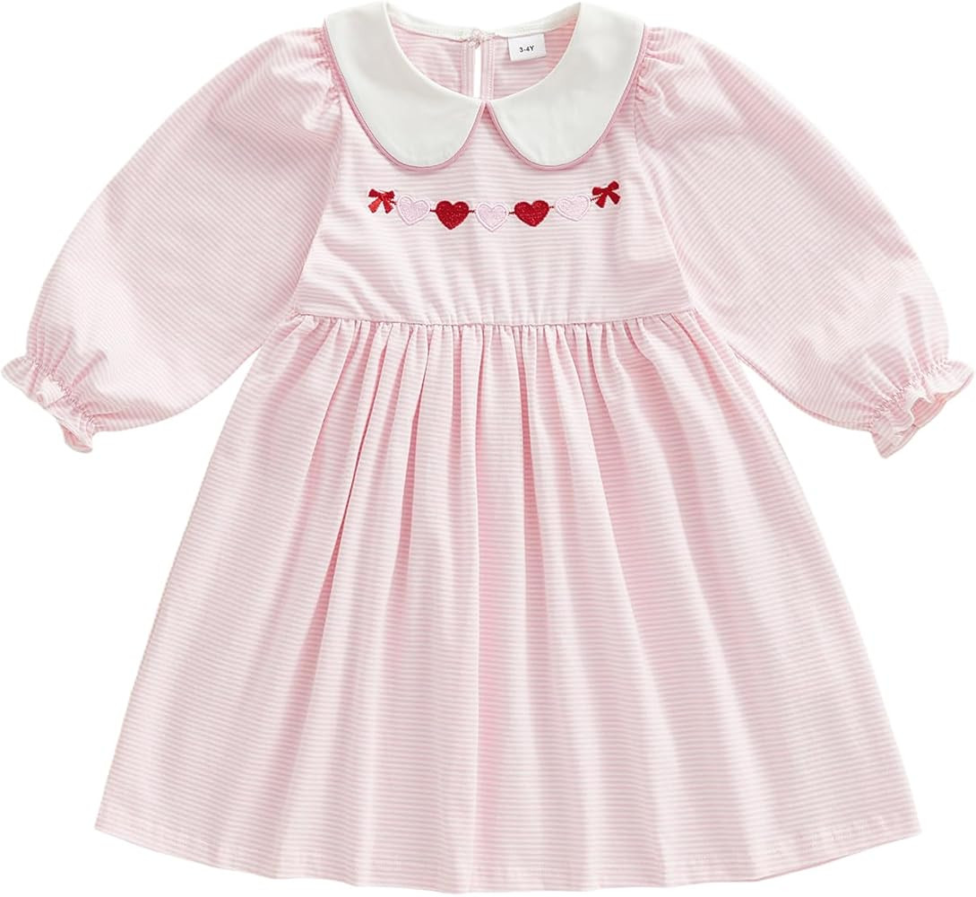 Sasaerucure Kids Toddler Baby Girl Valentine’s Day Dress Heart Embroidery Striped Puff Long Sle... | Amazon (US)