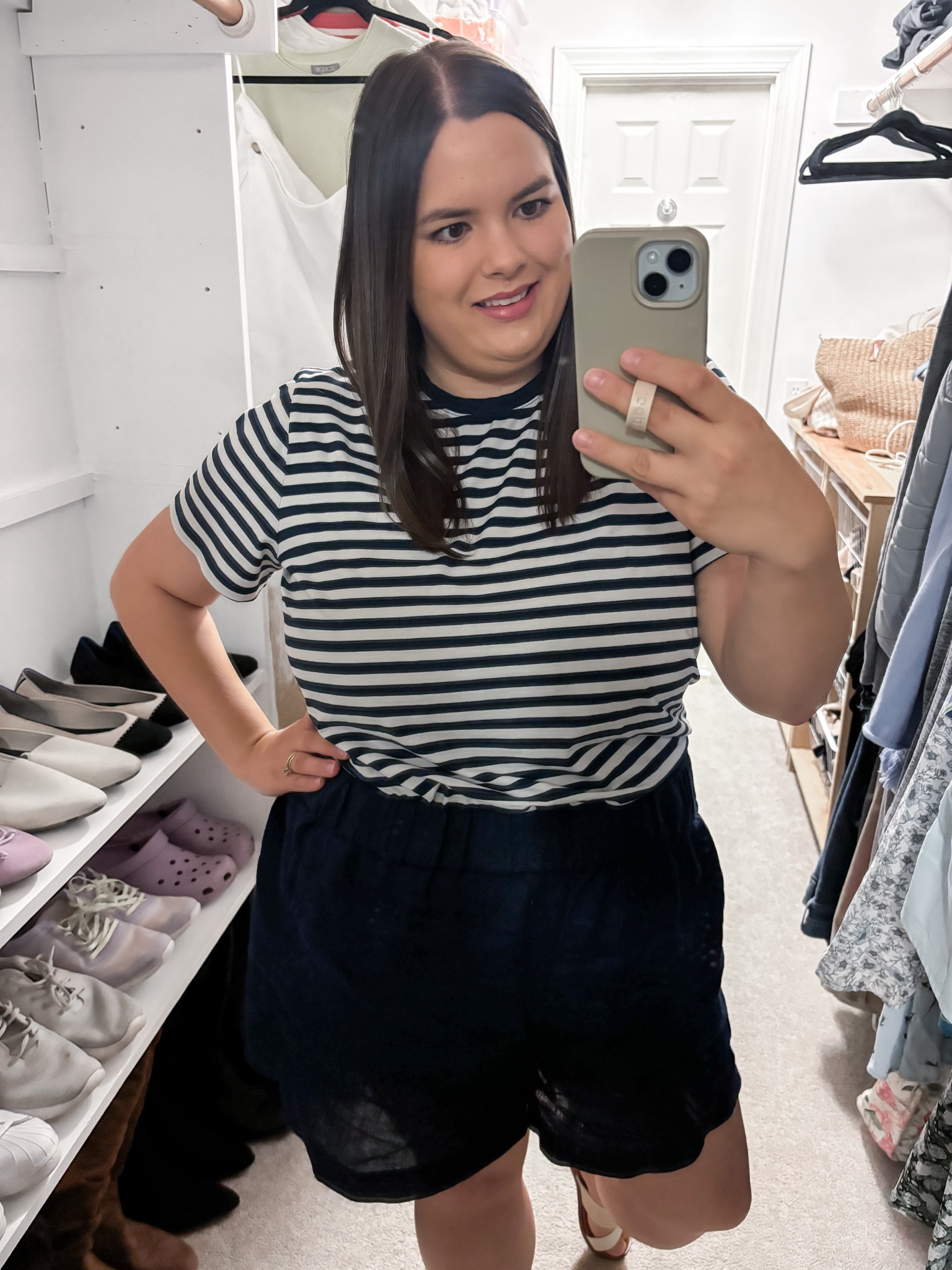 Friday OOTD. stripped tee + comfy shorts. 

Top size 16
Shorts size xxl runs big need to go down 1-2 sizes. 



#LTKFindsUnder100 #LTKMidsize #LTKPlusSize
