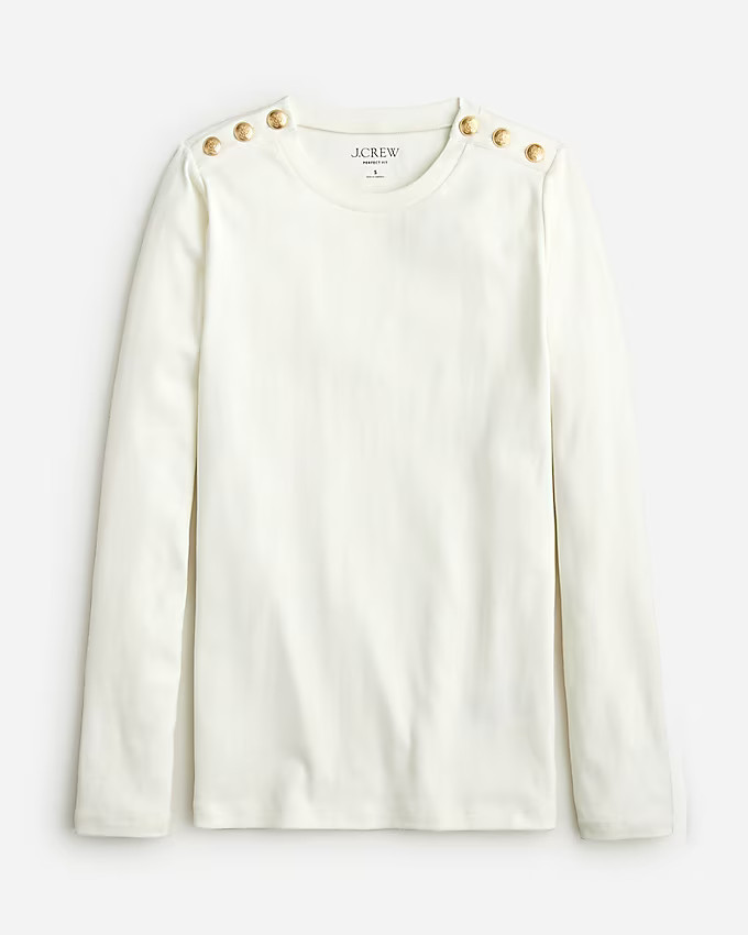 Perfect-fit long-sleeve crewneck striped T-shirt with buttons | J. Crew US