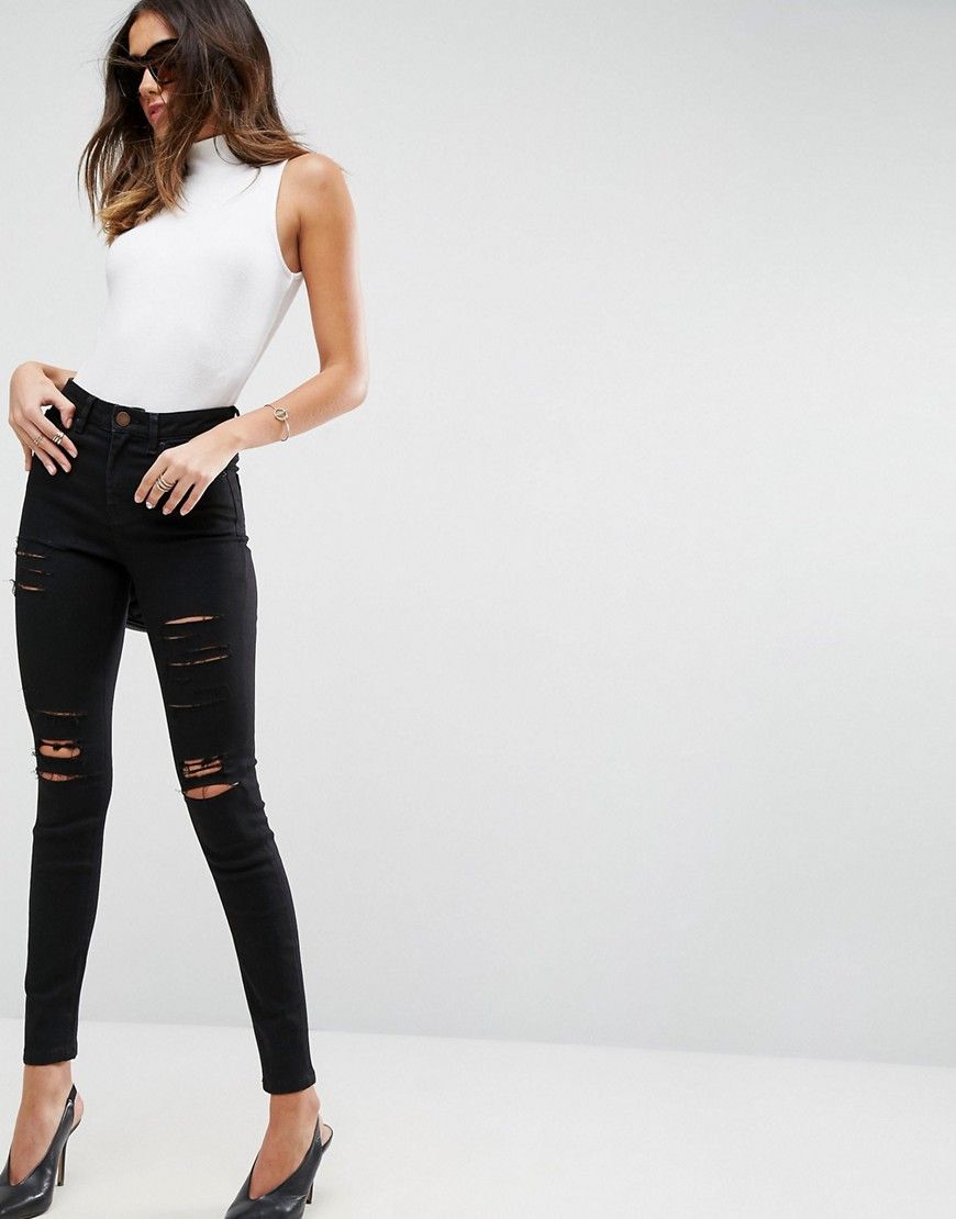ASOS Ridley High Waist Skinny Jeans In Black With Shredded Rips - Black | ASOS US
