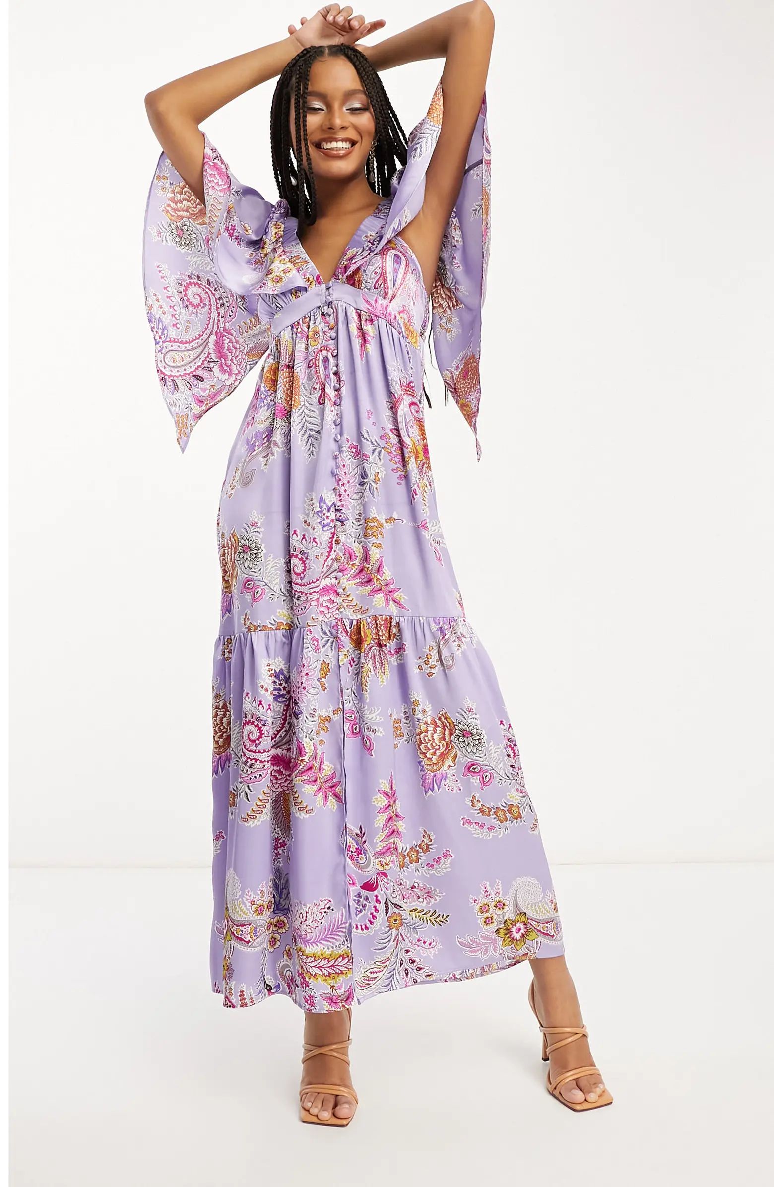 Floral Print Flutter Sleeve Satin Maxi Dress | Nordstrom