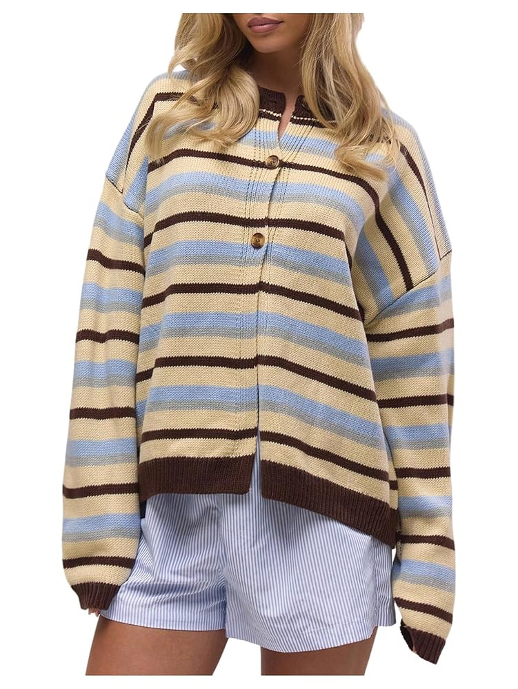 SOLY HUX Women's Striped Cardigan Sweater Color Block Button Down Long Sleeve Drop Shoulder Oversized Cardigans | Amazon (US)