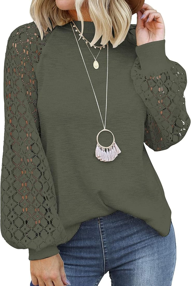 MIHOLL Women’s Long Sleeve Tops Lace Casual Loose Blouses T Shirts | Amazon (US)