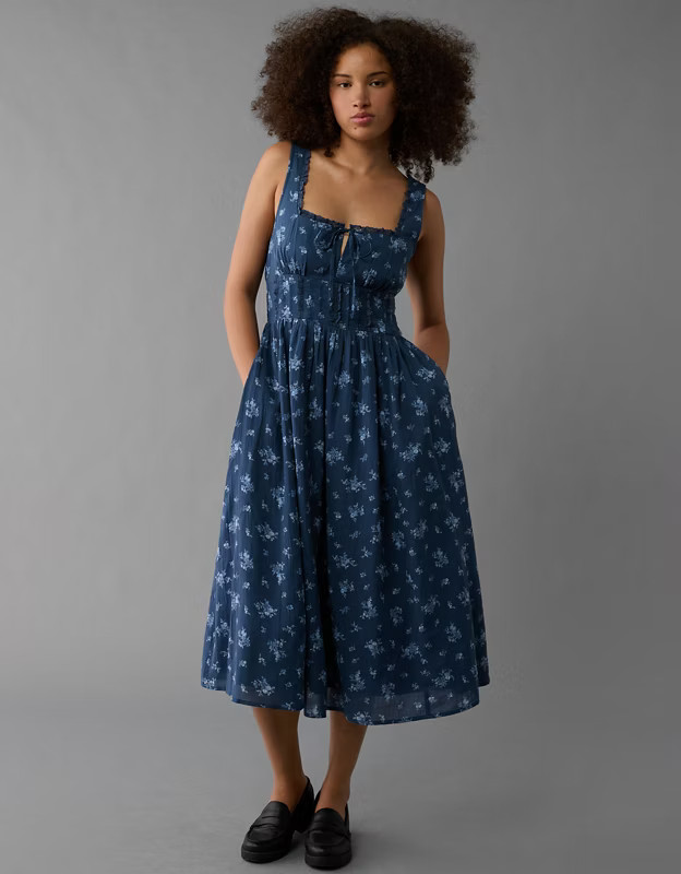 AE Corset Bodice Floral Midi Dress | American Eagle Outfitters (US & CA)