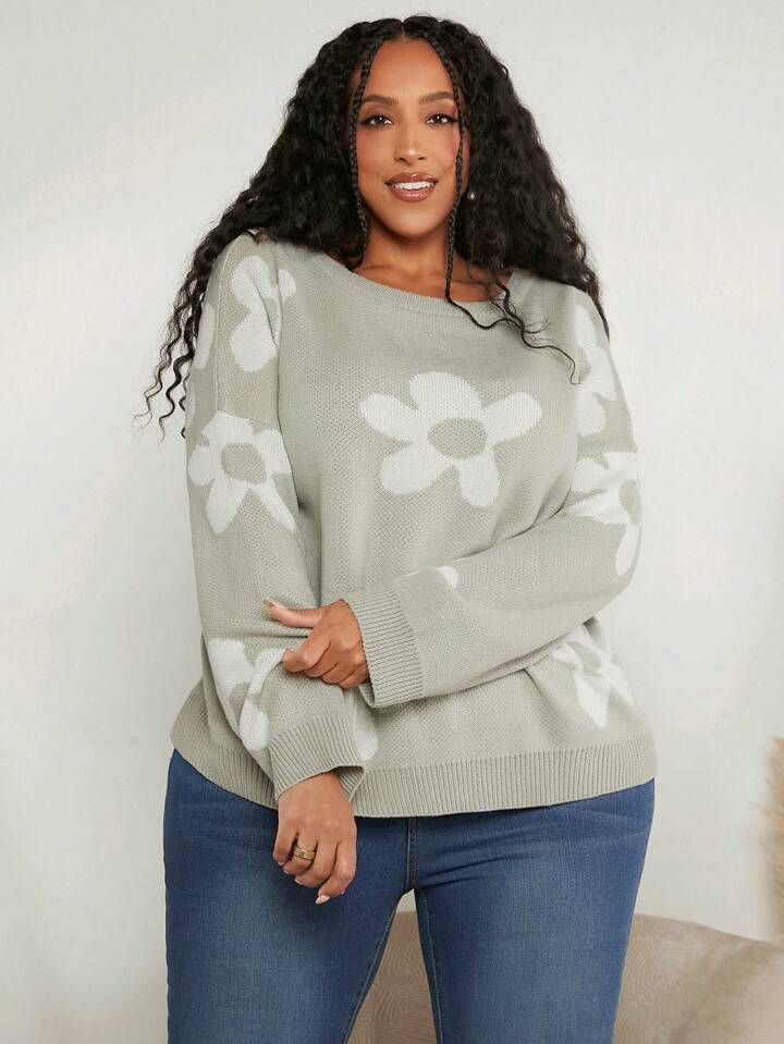 SHEIN CURVE+ Plus Floral Pattern Drop Shoulder Sweater | SHEIN