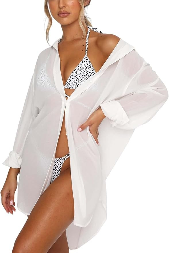 Women's Swimsuit Beach Cover Up Loose V-Neck Button Down Bikini Bathing Suit | Amazon (US)