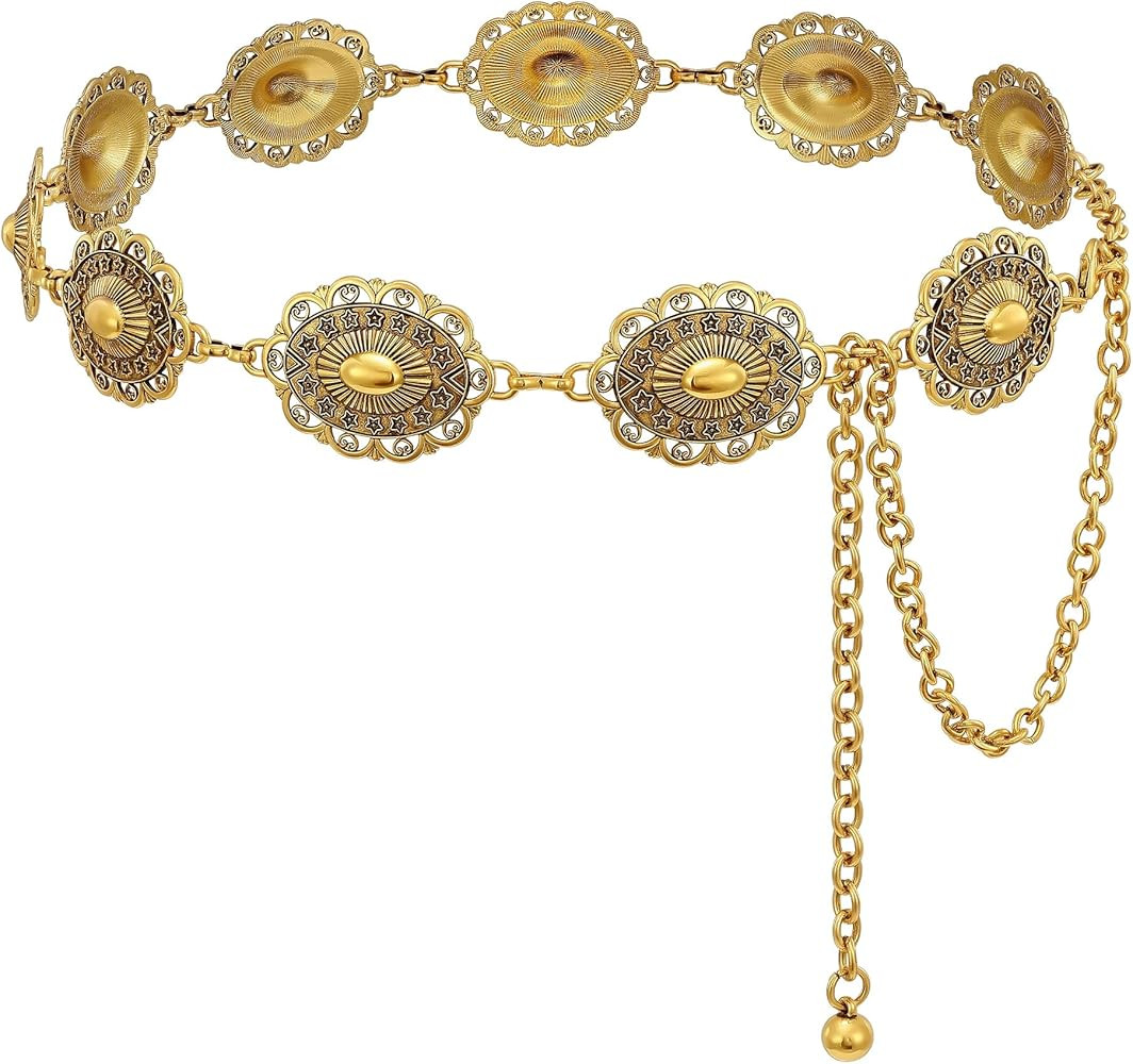 LEACOOLKEY Western Concho Belt for Women Cowgirl Boho Waist Chain Belt for Dresses Jeans Pants | Amazon (US)