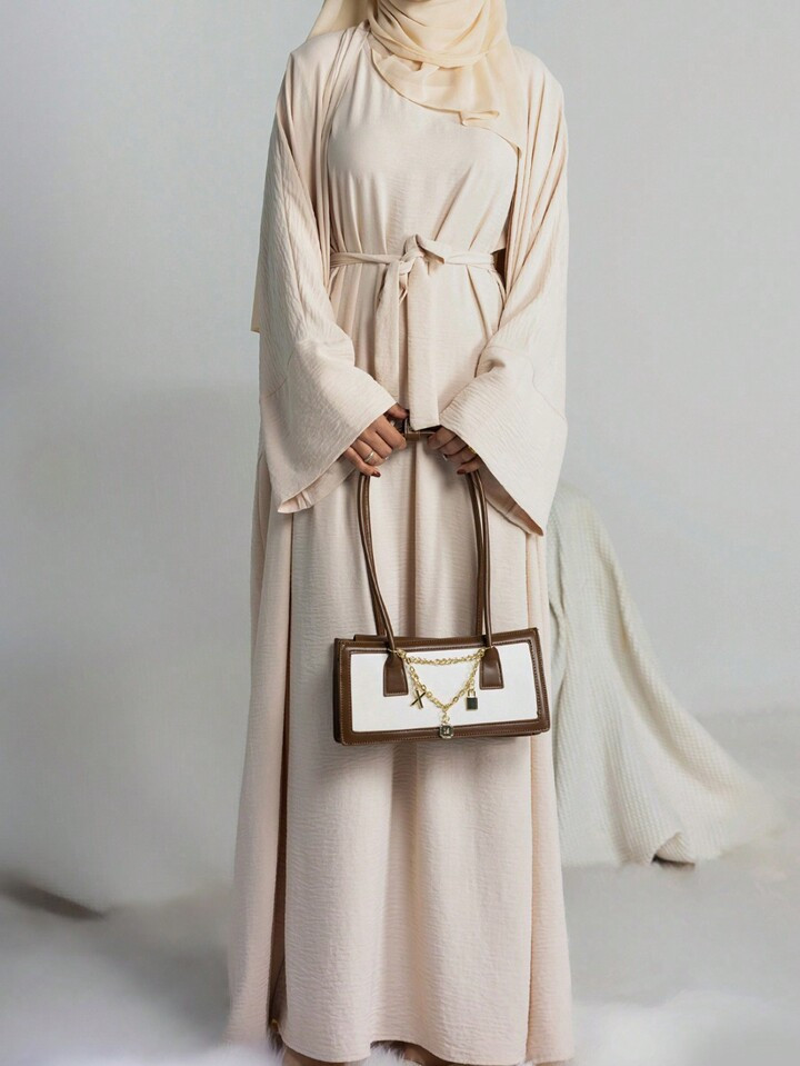 3pcs/set Elegant Solid Color Four-way Stretch Sleeveless Long Dress With Tie-front Cardigan & Hea... | SHEIN