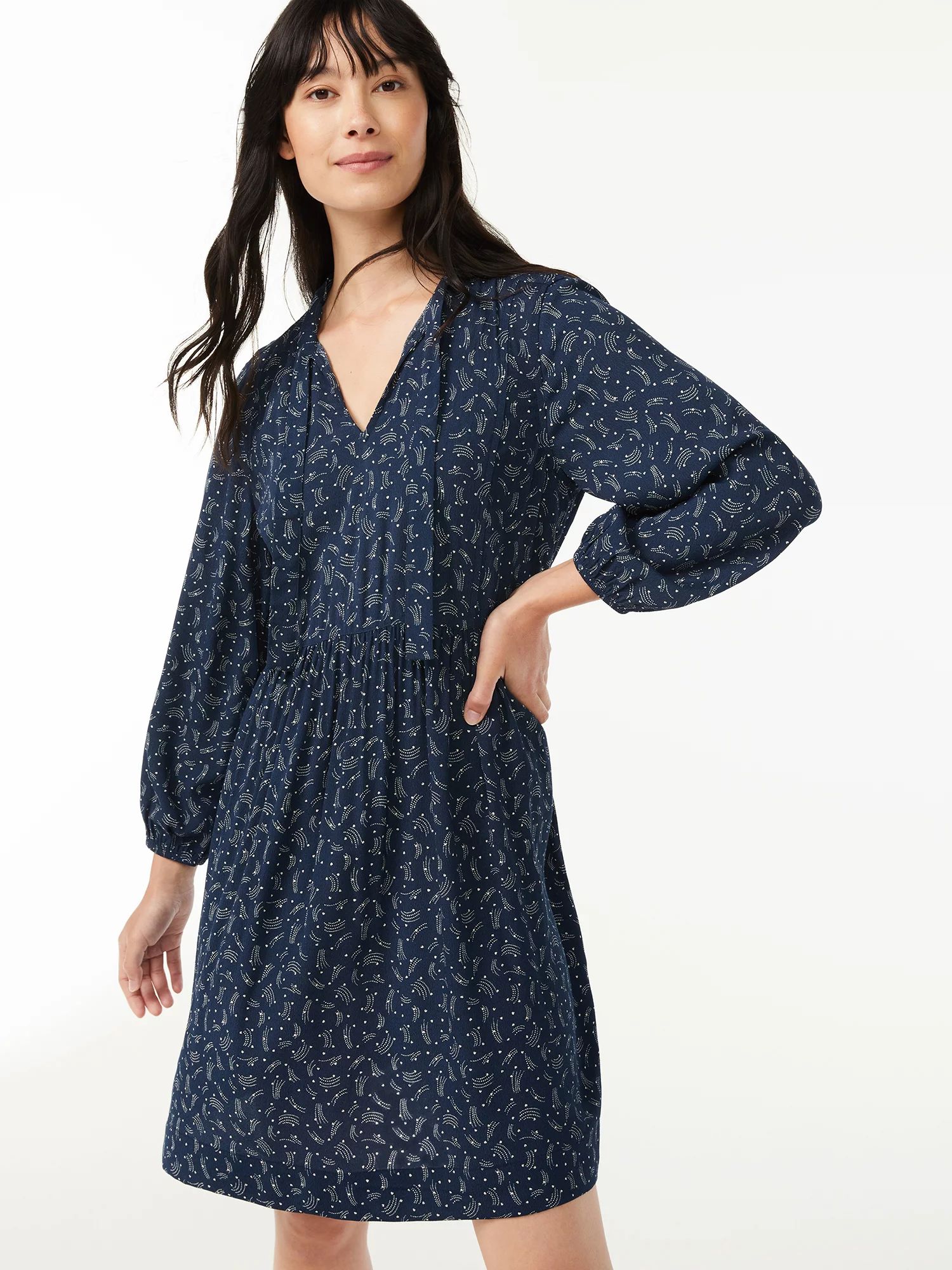 Free Assembly Women's Tie Neck Swing Dress with Long Sleeves | Walmart (US)