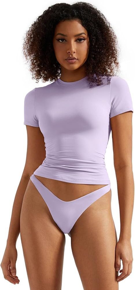 SUUKSESS Women Double Lined Fitted Basic Tee Crew Neck Short Sleeve Y2K Crop Top | Amazon (US)