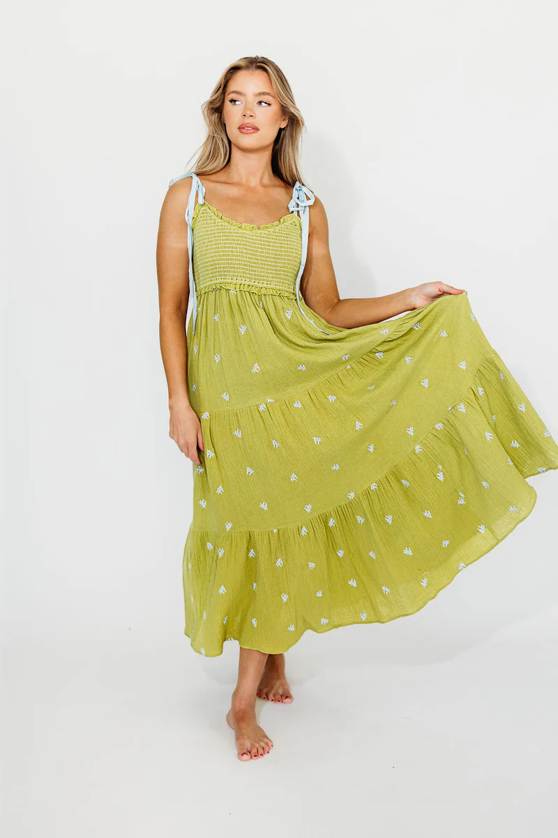 Kiana 100% Cotton Smocked Embroidered Gauze Maxi in Moss | Worth Collective