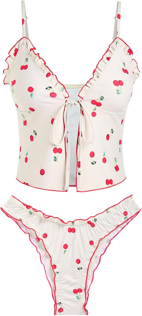 seamoly Women's Tankini Sets Tie Front Ruffle Bikini Set High Cut Thong Two Piece Swimsuit Floral... | Amazon (US)