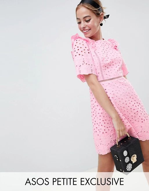 ASOS DESIGN Petite Exclusive Broiderie Mini Dress With Ruffle Detail | ASOS US