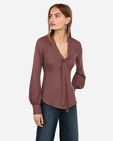 button front tie neck top | Express