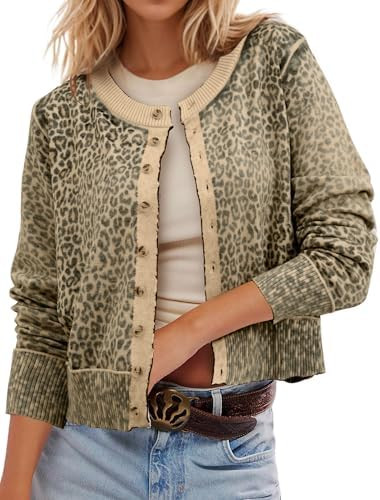 Leopard Cardigan Open Front Button Up Sweaters for Women Long Sleeve Shrug Cheetah Print Top Crop... | Amazon (US)
