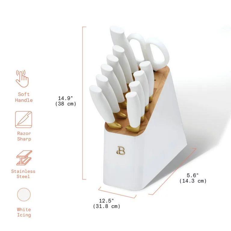 Beautiful 12 Piece Knife Block Set with Soft-Grip Ergonomic Handles White and Gold by Drew Barrym... | Walmart (US)