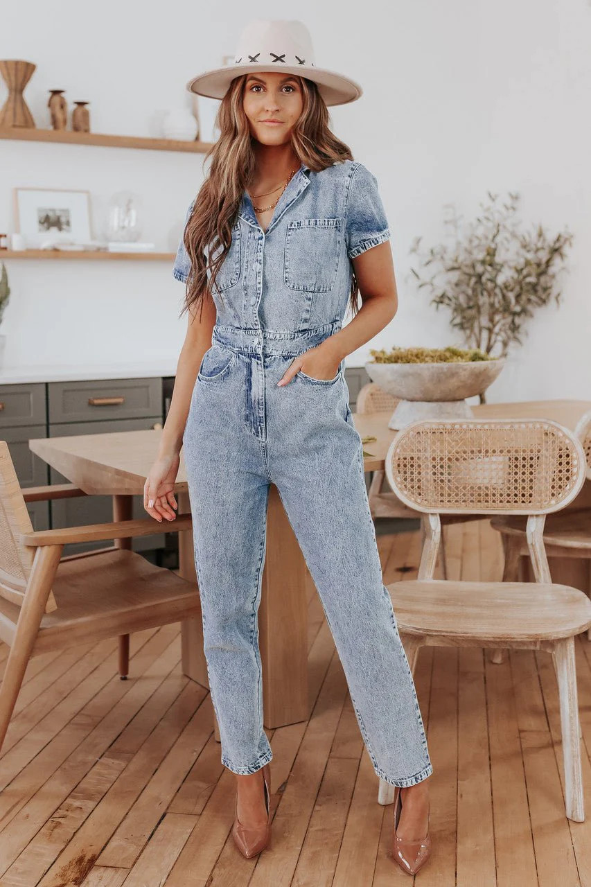 Short Sleeve Medium Wash Denim Jumpsuit | Magnolia Boutique
