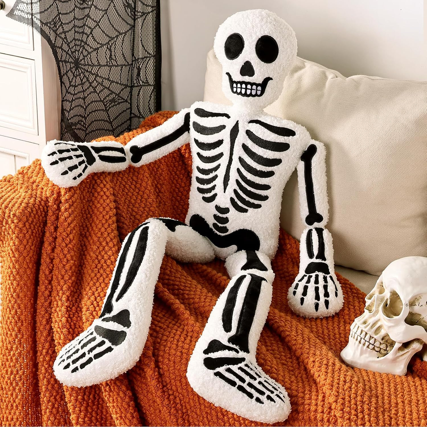 Halloween Decorations Plush Throw Pillows: Cute Teddy Fleece Skeleton Throw Pillow, Stuffed Skull Human Skeleton Cushion Halloween Decorations Indoor for Kids Home Sofa Bed Office Couch Living Room | Amazon (US)