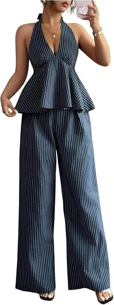 SweatyRocks Women's 2 Piece Outfits Striped Open Back Halter Peplum Top with Pants Matching Sets | Amazon (US)
