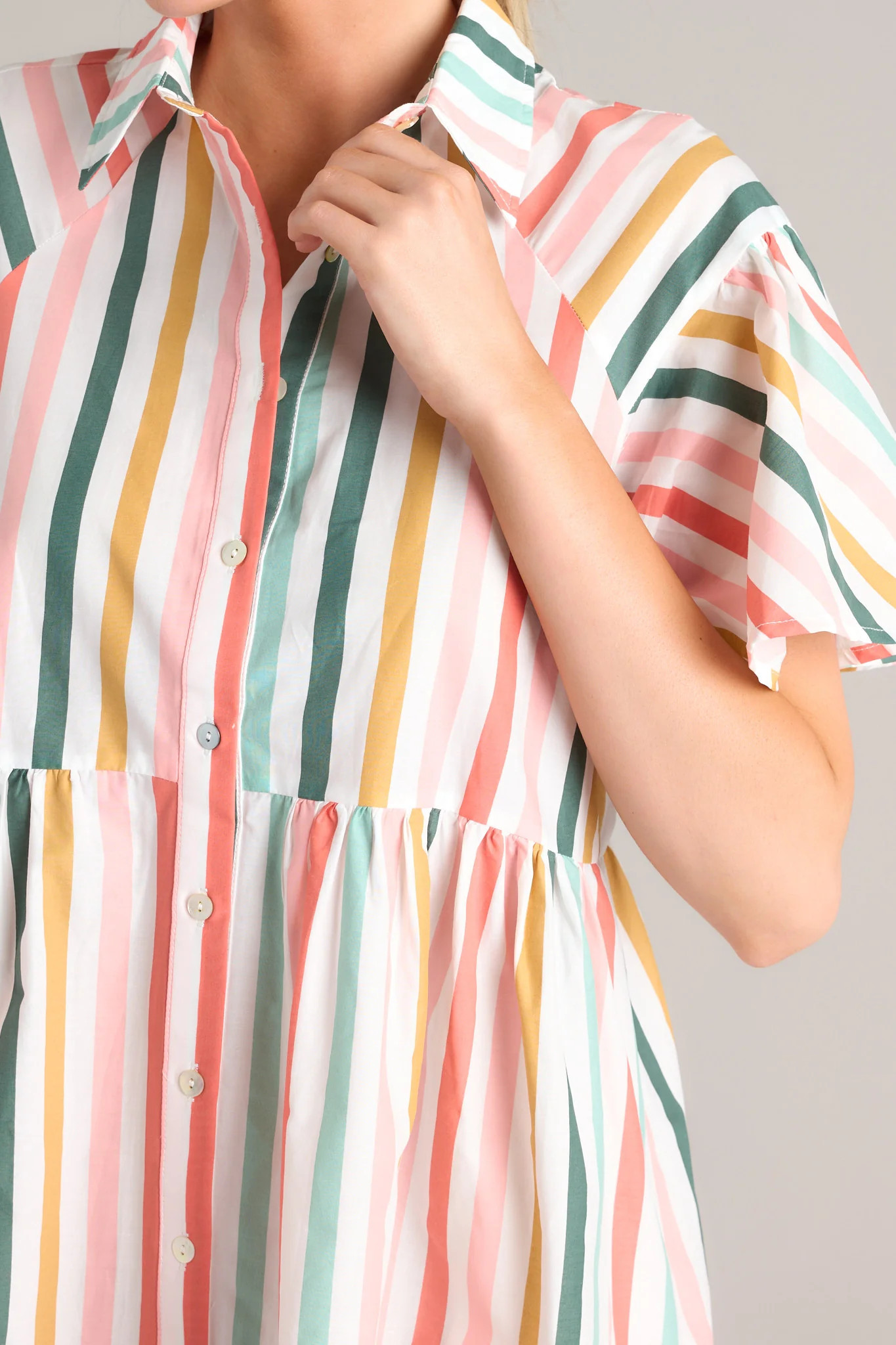 In The Clouds Desert Sage Green Multi Stripe Dress | Red Dress