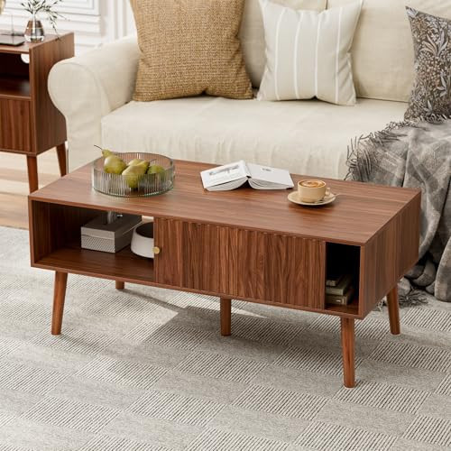 LCRBOL Coffee Table with Storage, Mid Century Dining Table with Sliding Fluted Door and Solid Wood Legs, Small Coffee Tables for Living Room, Walnut | Amazon (US)