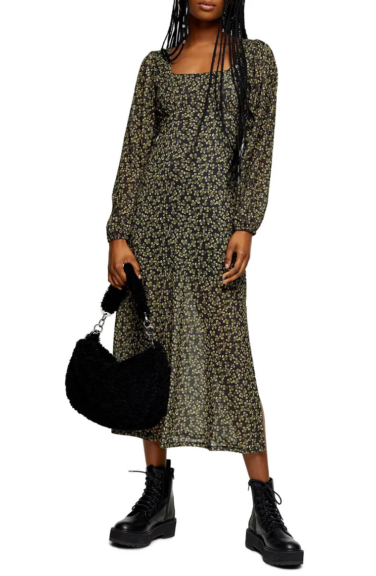 Long Sleeve Floral Mesh Midi Dress | Nordstrom