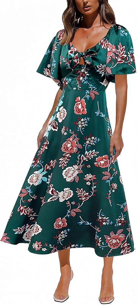 Fashionme Womens Dresses 2025 Maxi Dresses Deep V Neck Elegant Bow Tie Front Cap Sleeve Summer Fl... | Amazon (US)