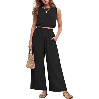 GRECERELLE Two Piece Sets for Women Sleeveless Crop Top Wide Leg Pants Sweat Set for Women Tracks... | Amazon (US)