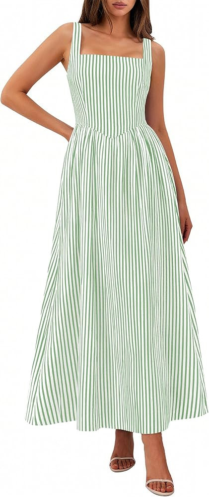 PRETTYGARDEN Women's Maxi Dress Summer Striped Sundress 2026 Spring Smocked A Line Long Flowy Bea... | Amazon (US)