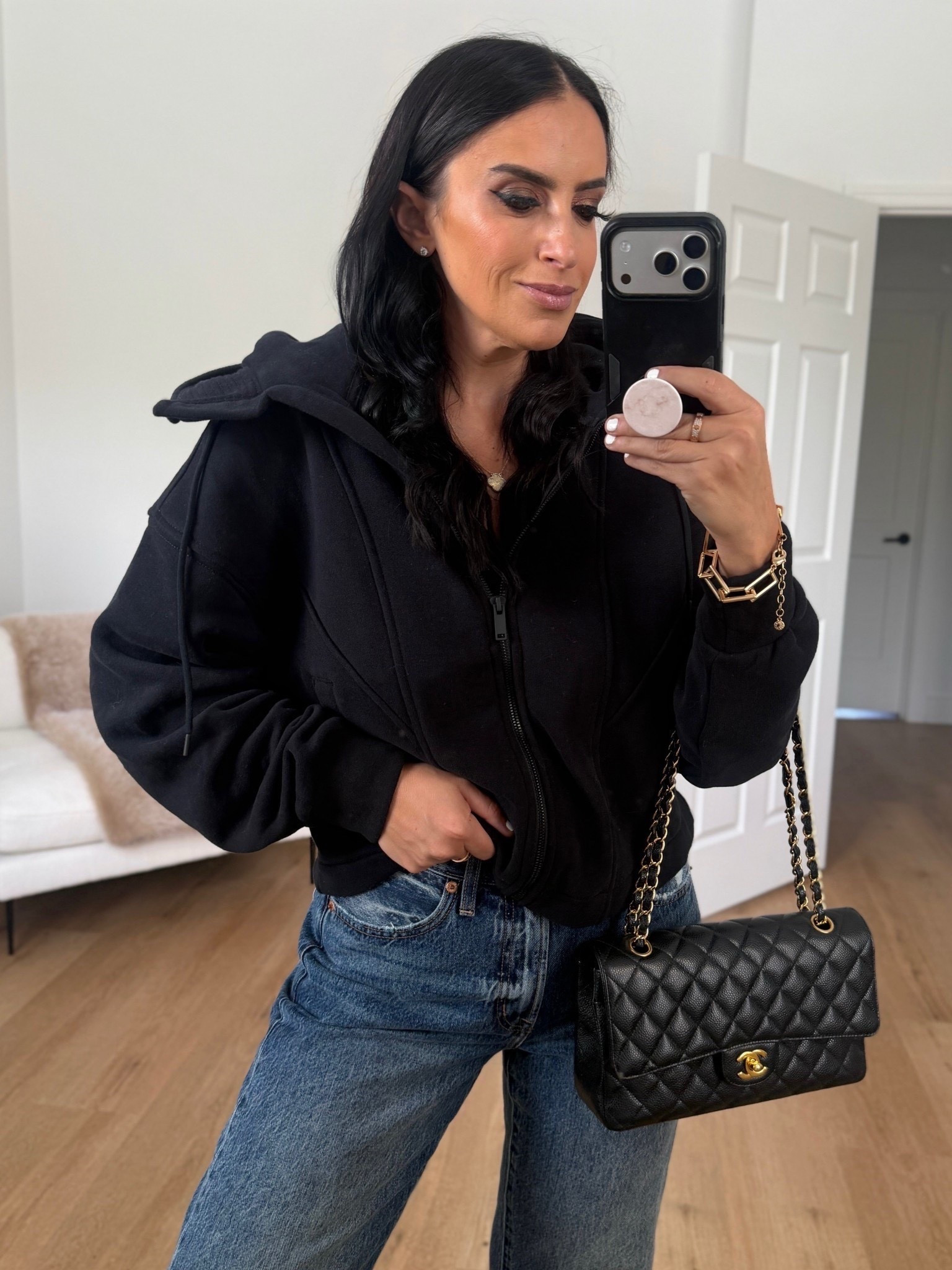 Boost Up Cotton Fleece Full Zip Hoodie - I’m wearing a size Small.

Pistola Crop Barrell Jeans - I’m wearing a size 27.
