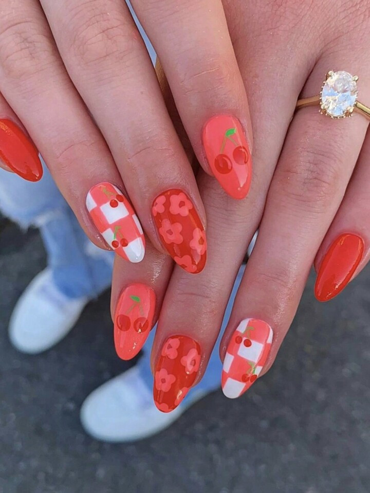 24pcs Almond-Shaped Elegant Cherry & Minimalist Nail Art Stickers, Multi-Occasion Fake Nail Art S... | SHEIN