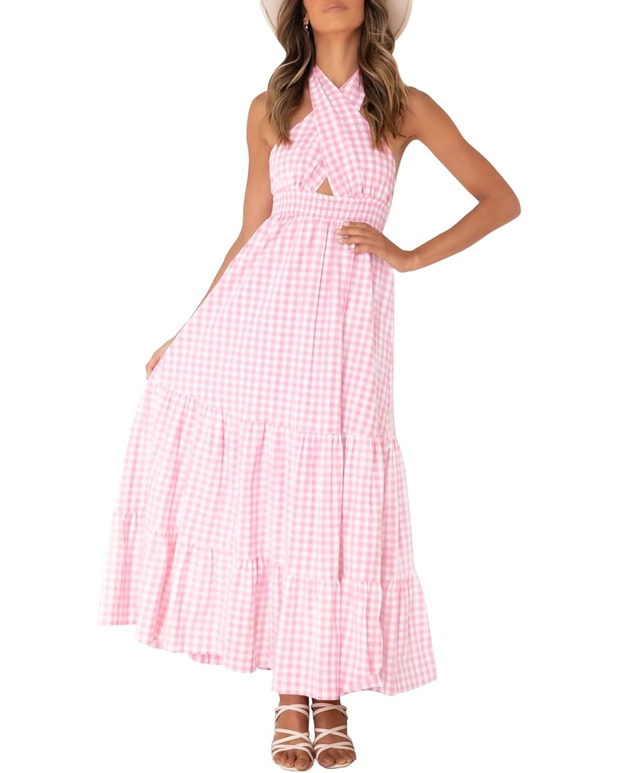 ZESICA Women's 2025 Summer Crossover Halter Neck Sleeveless Plaid Cut Out Backless Flowy A Line M... | Amazon (US)