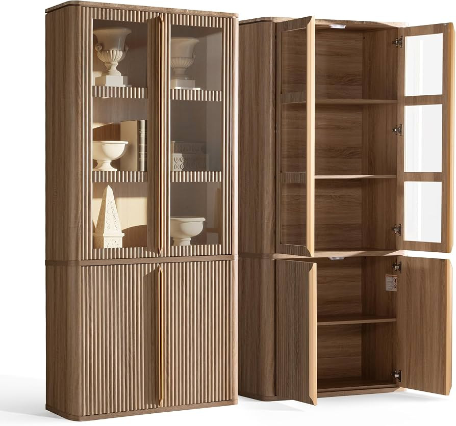 77" Tall Storage Cabinet - Fluted Pantry Cabinets with Glass Doors, Wooden Kitchen Food Cupboard,... | Amazon (US)