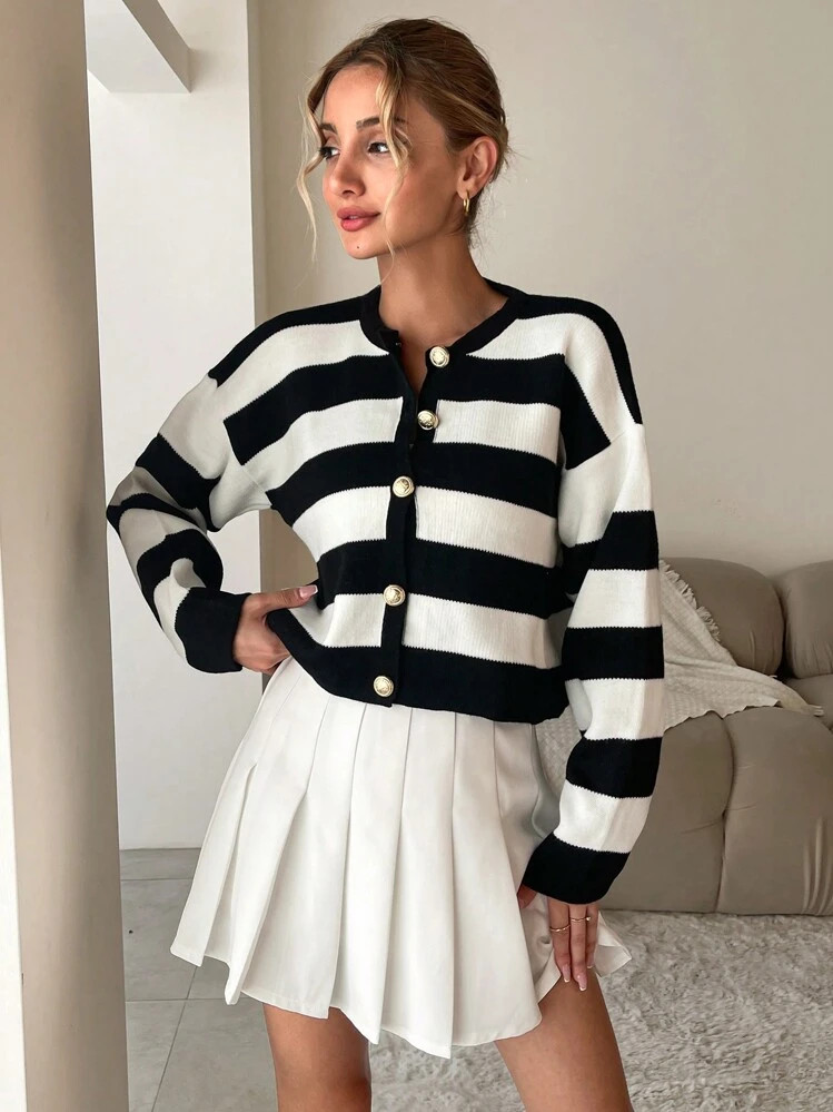 Striped Pattern Drop Shoulder Cardigan | SHEIN