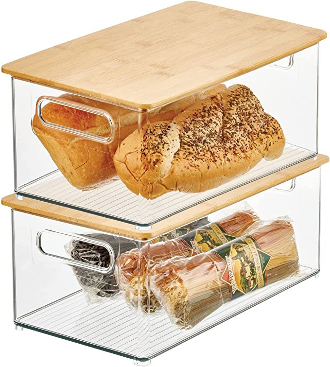 Amazon.com: mDesign Plastic Stackable Storage Organizer Container Bin with Handles, Bamboo Wood L... | Amazon (US)
