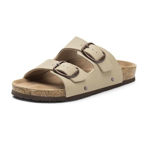 FITORY Womens Flat Sandals with Cork Footbed, Open Toe Slides Adjustable Slip On Slippers for Summer Stone Size 8 | Amazon (US)